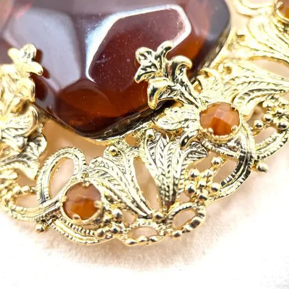 VTG Florenza Stamped Gold Large Amber Faceted Stone Etruscan Revival Brooch - Picture 5 of 14
